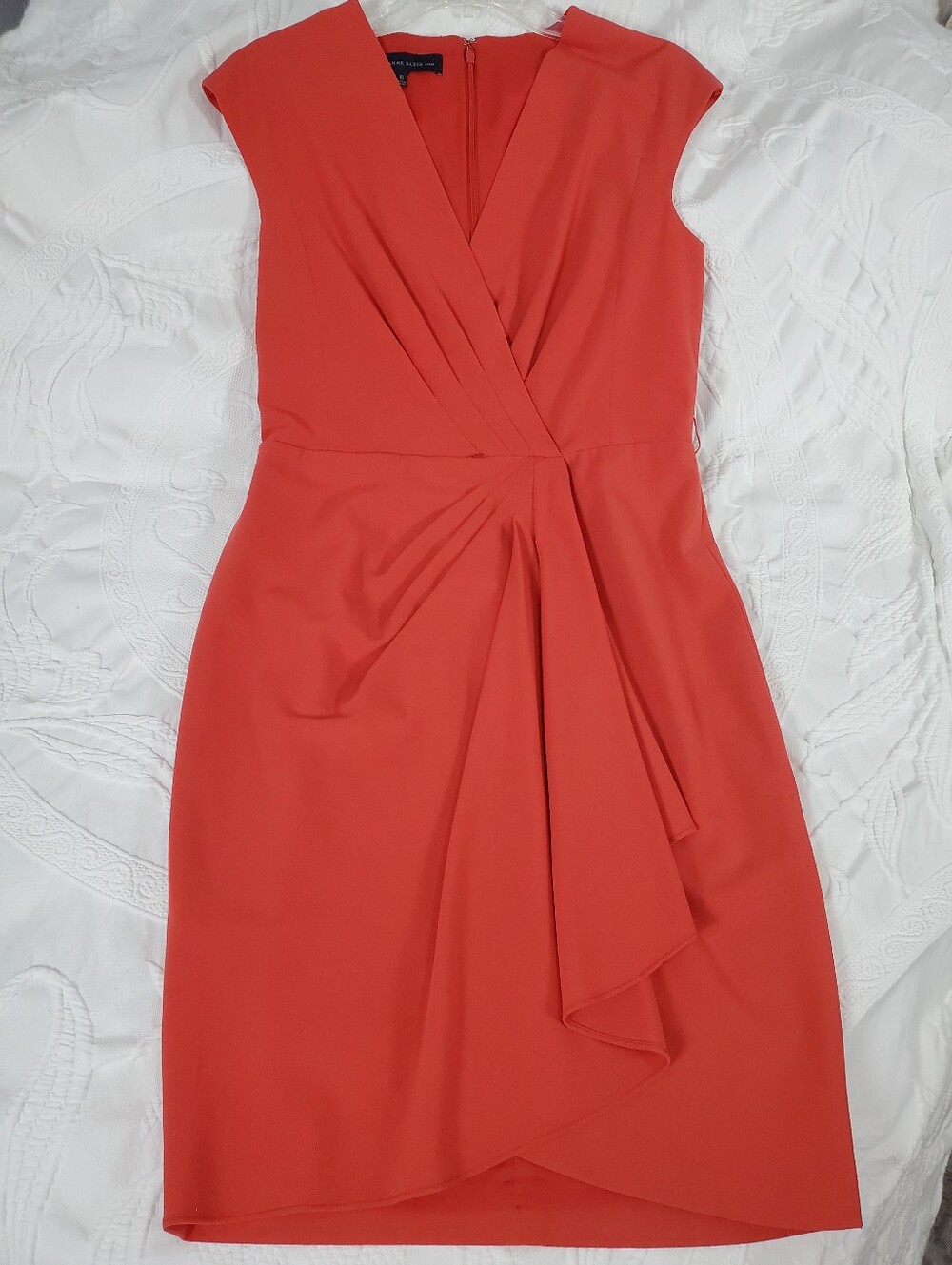 Anne Klein Cap-Sleeve Wrap Look  Dress in Coral Red Size 10